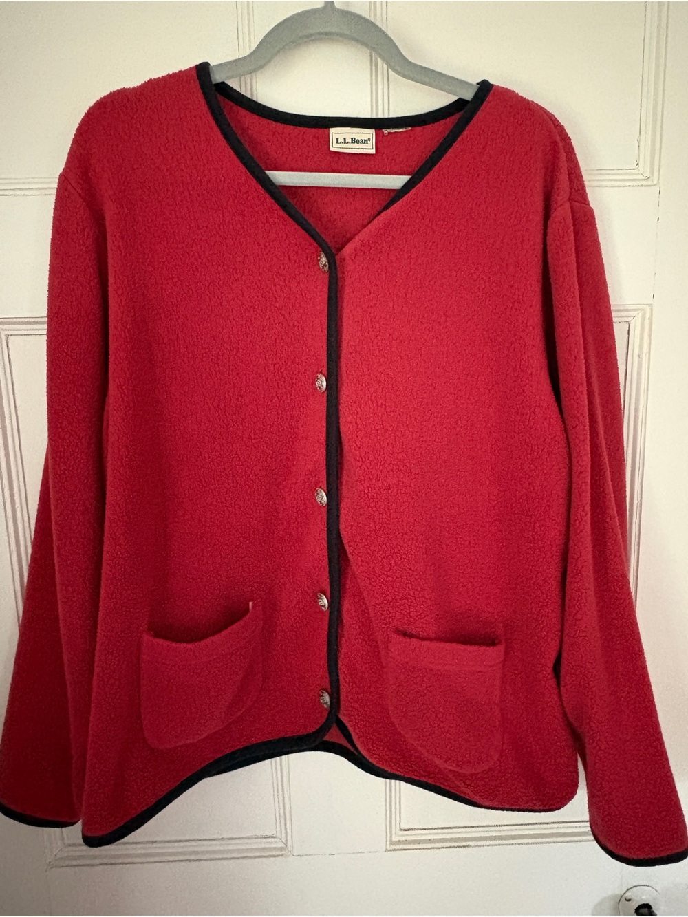 L.L. Bean Red Fleece Cardigan with Black Trim